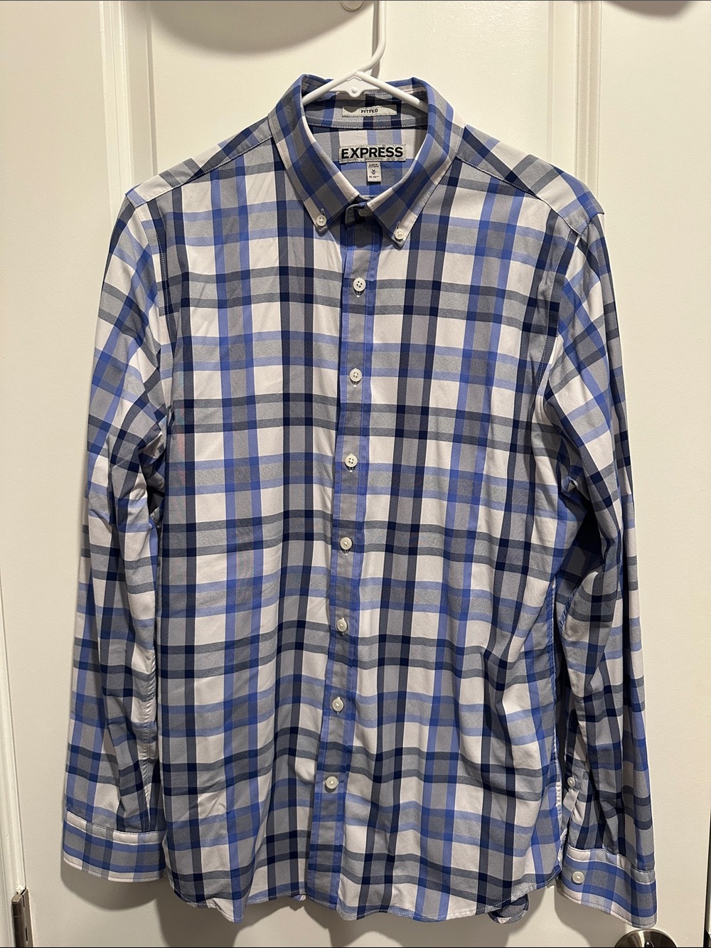 Express Men’s Blue and White Plaid Button-Down Shirt